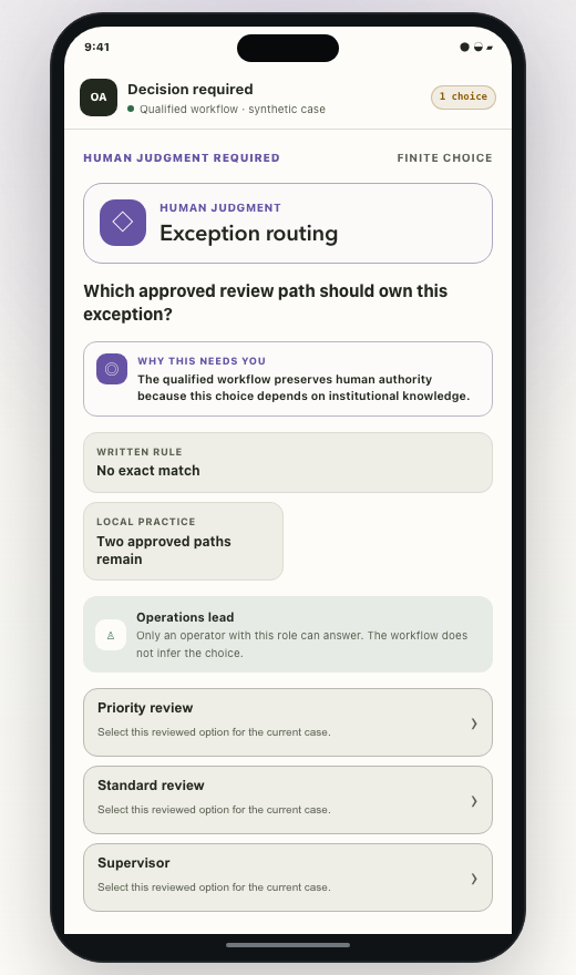 OpenAdapt mobile interface asking an authorized operator to select an approved exception route